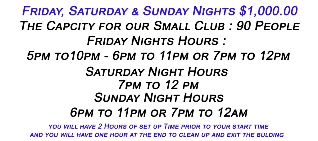 Friday Saturday Small Clubclub Price Adult Party Pricing
