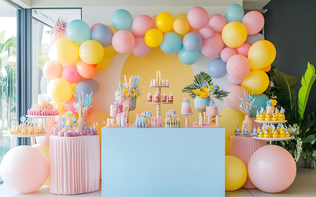 Organized birthday party setup showing balloons, table décor, and themed decorations