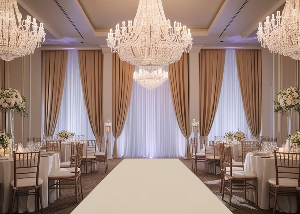 Sophisticated wedding ceremony space featuring crystal chandeliers, beige drapes, white aisle runner, and floral arrangements