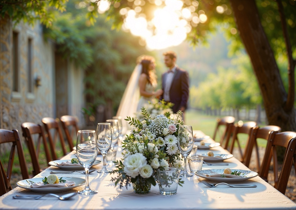 Outdoor wedding reception table with white floral centerpiece and couple blurred in background.