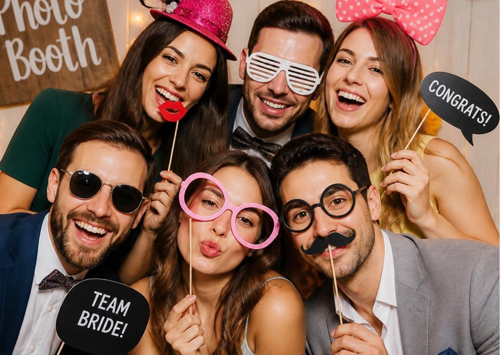 A lively bridal party crowds together, holding props for a fun photo booth picture.