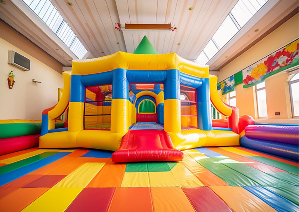 Large indoor bounce castle with rainbow flooring and a central red entrance slide.