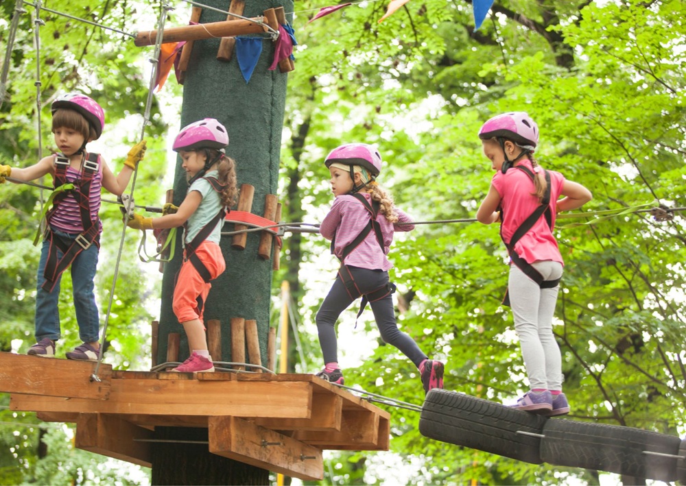 Children wearing helmets balance across elevated ropes and platforms in a forest course.