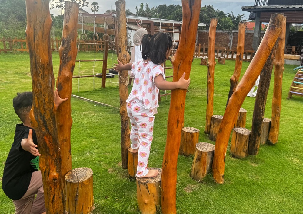 Small children cross a wooden balance obstacle course on a grassy playground.
